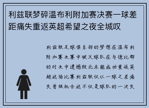 利兹联梦碎温布利附加赛决赛一球差距痛失重返英超希望之夜全城叹